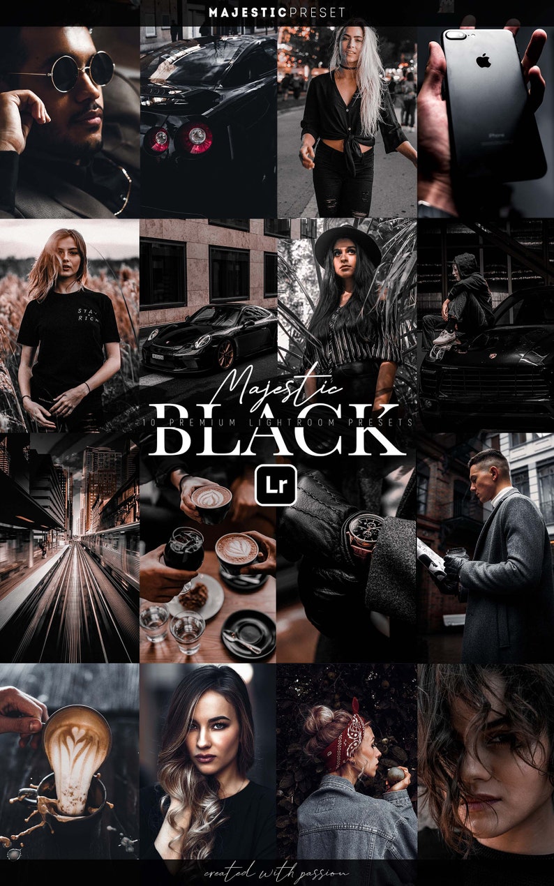 Peut inclure: Un collage d'images pr&eacute;sentant une collection de 10 pr&eacute;r&eacute;glages Lightroom appel&eacute;s "Majestic Black". Les images pr&eacute;sentent une vari&eacute;t&eacute; de sujets, notamment des personnes, des voitures et des paysages urbains, tous avec une esth&eacute;tique sombre et m&eacute;lancolique.