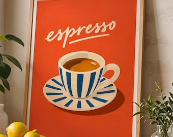 Espresso Print | Italian Coffee Wall Art | Orange Kitchen Decor | Retro Coffee Poster | Colourful Kitchen Print | Coffee Lover Gift