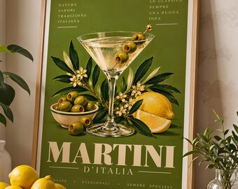 Martini Print | Italian Cocktail Wall Art | Olive Green Kitchen Decor | Vintage Martini Poster | Mediterranean Bar Art | Cocktail Lover Gift