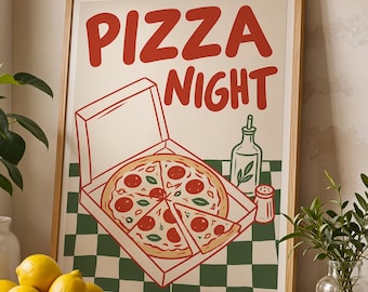 Pizza Night Print | Retro Pizza Wall Art | Italian Food Poster | Vintage Kitchen Decor | Pizzeria Wall Art | Pizza Lover Gift