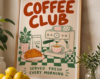 Coffee Club Print | Retro Coffee Wall Art | Vintage Coffee Shop Poster | Espresso Machine Print | Cafe Wall Art | Coffee Lover Gift