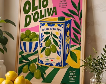 Olive Oil Print | Italian Kitchen Wall Art | Olio D’Oliva Poster | Colourful Food Print | Mediterranean Kitchen Decor