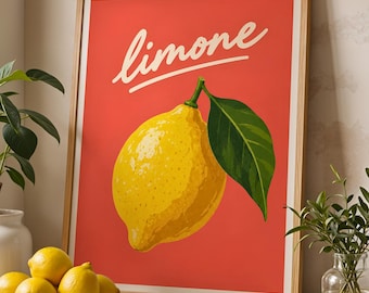 Lemon Print | Limone Wall Art | Colourful Kitchen Poster | Italian Lemon Art | Coral Orange Wall Decor | Mediterranean Kitchen Print