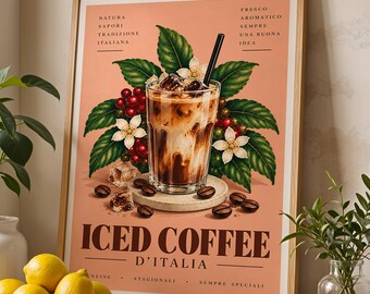 Iced Coffee Print | Italian Coffee Wall Art | Vintage Iced Latte Poster | Peach Kitchen Decor | Coffee Bar Print | Cafe Wall Art