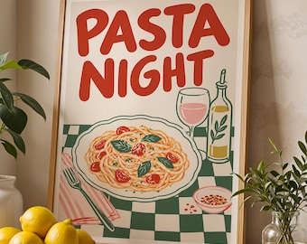 Pasta Night Print | Retro Pasta Wall Art | Italian Food Poster | Vintage Kitchen Decor | Spaghetti Wall Art | Pasta Lover Gift