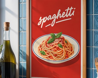 Spaghetti Print | Italian Pasta Wall Art | Red Kitchen Decor | Mediterranean Food Poster | Spaghetti Kitchen Print | Italian Food Art