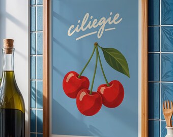Cherry Print | Ciliegie Wall Art | Blue Kitchen Decor | Italian Fruit Poster | Retro Cherry Print | Colourful Kitchen Wall Art
