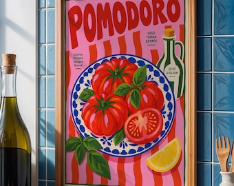 Tomato Print | Pomodoro Italian Food Poster | Colourful Kitchen Wall Art | Mediterranean Print | Retro Kitchen Decor