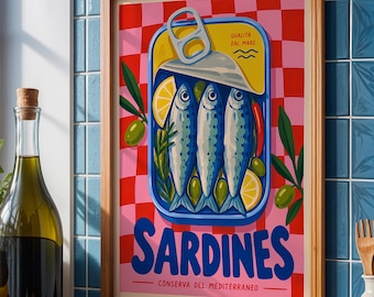 Sardine Print | Mediterranean Kitchen Wall Art | Colourful Fish Poster | Retro Food Print | Sardines Kitchen Decor