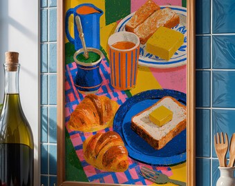 Breakfast Print | Colourful Kitchen Wall Art | Retro Breakfast Poster | Croissant & Coffee Art | Eclectic Food Print | Kitchen Decor
