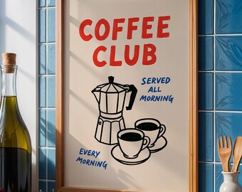 Coffee Club Print | Minimalist Coffee Wall Art | Retro Coffee Poster | Vintage Cafe Decor | Coffee Bar Art | Kitchen Wall Art