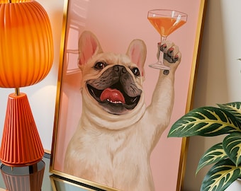 French Bulldog Print | Funny Dog Wall Art | Cocktail Dog Poster | Pink Animal Print | Quirky Bar Wall Art | Frenchie Gift