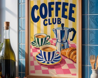 Coffee Club Print | Colourful Coffee Wall Art | Retro Italian Coffee Poster | Yellow Kitchen Decor | Coffee Lover Gift