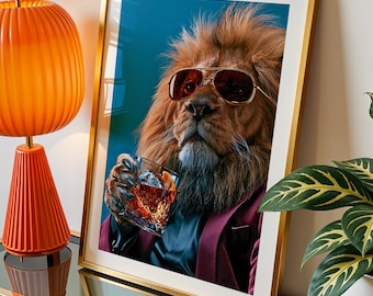 Lion Print | Funny Animal Wall Art | Lion With Sunglasses | Bar Wall Art | Cool Animal Poster | Man Cave Decor