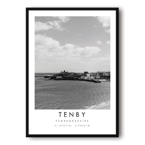 Tenby Travel Print, Tenby poster poster, zwart-wit print, unieke muurkunst, minimalistisch interieur, stad A1/A2/A3/A4/A5