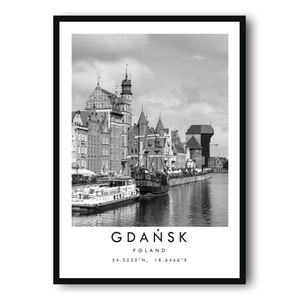 Impression de voyage Gdansk, affiche de la Pologne, impression noir et blanc, art mural unique, décoration d'intérieur minimaliste, ville A1/A2/A3/A4/A5