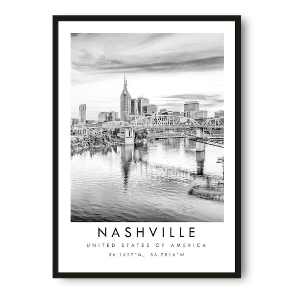 Nashville Travel Print, American Poster, Unique Wallart Decor, Black and White Home Decor, Popular Print A1/A2/A3/A4/A5