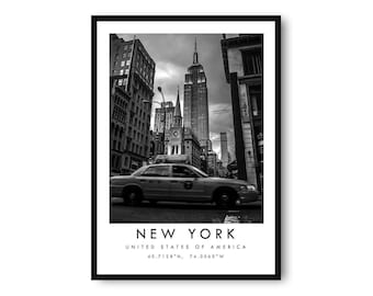 New York Travel Print Of The NYC Skyline In Black And White | Featuring New York Taxi | Minimalist Modern Wall Art Decor