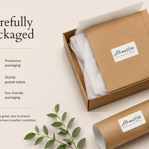 Carefully packaged, Mo and Kate's beautiful and eco-friendly packaging, with a cardboard box and a roll of paper tubes.