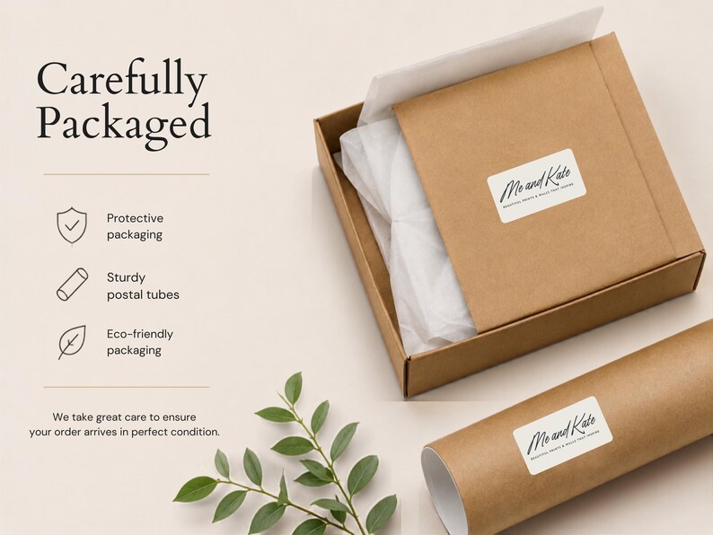 Carefully packaged, Mo and Kate's beautiful and eco-friendly packaging, with a cardboard box and a roll of paper tubes.