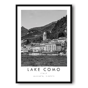 Stampa del Lago di Como, Italia: arte murale minimalista in bianco e nero