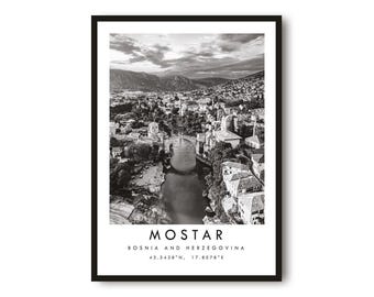 Mostar Bosnia Print: Black and White Cityscape Wall Art