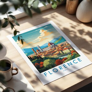 May include: A rectangular art print featuring a stylized illustration of the Florence skyline, including the Duomo and surrounding buildings, with the text FLORENCE ITALY printed in blue at the bottom against a white border background.