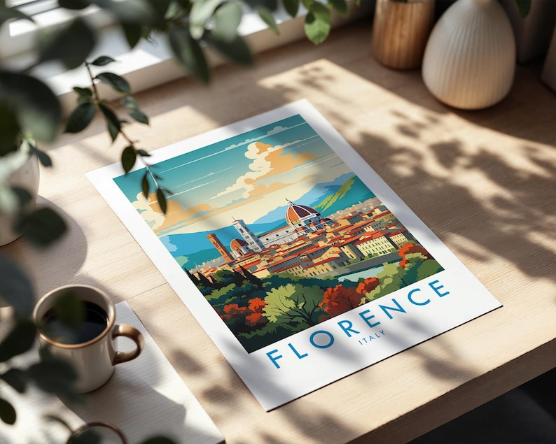May include: A rectangular art print featuring a stylized illustration of the Florence skyline, including the Duomo and surrounding buildings, with the text FLORENCE ITALY printed in blue at the bottom against a white border background.
