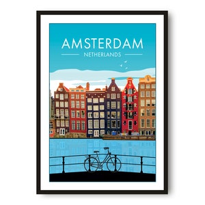 Affiche de voyage Amsterdam, affiche Pays-Bas, impression Hollande, art mural unique, voyage vintage, décoration d'intérieur minimaliste, ville A1/A2/A3/A4/A5