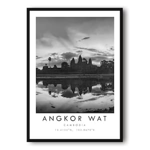 Angkor Wat Travel Print, Cambodia Poster, Black and White Print, Unique Wall Art,  Minimalist Home Decor, City  A1/A2/A3/A4/A5