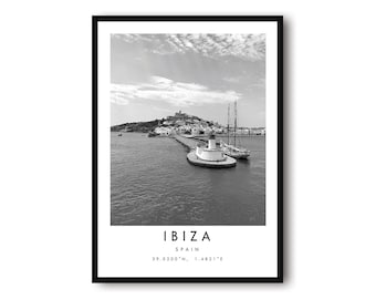 Ibiza Travel Print, Ibiza Poster, Black and White Print, Unique Wall Art,  Minimalist Home Decor, City  A1/A2/A3/A4/A5