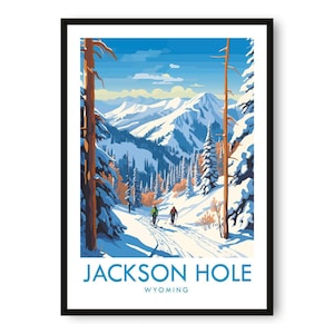 Impresión de esquí en Jackson Hole: póster de viaje de Wyoming, arte invernal