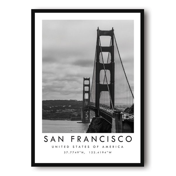 Impresión de viaje de San Francisco, cartel de San Francisco, puente Golden Gate, decoración del hogar en blanco y negro, impresión popular, pared de la galería A1/A2/A3/A4/A5