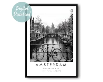 Póster de viaje de Ámsterdam (descarga digital), arte mural de los Países Bajos, decoración urbana imprimible