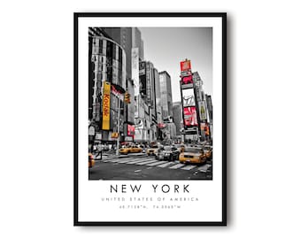 New York Travel Print, New York Poster, New York Wall Art Minimalist, Yellow Cabs, Prints of New York, Times Square, NYC yellow Cabs,