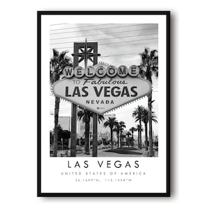 Impresión de viaje a Las Vegas, póster estadounidense, impresión en blanco y negro, arte de pared único, decoración minimalista para el hogar, ciudad A1/A2/A3/A4/A5