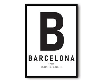 Barcelona reisposter: minimalistische zwart-wit stadsposter