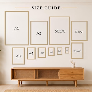 a wall with a series of framed artworks arranged in a grid-like pattern, providing a size guide for the different frame sizes.
