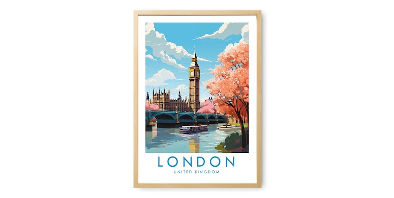 Op de afbeelding: Een ingelijste kunstdruk met een gestileerde illustratie van de skyline van Londen met de Big Ben, het parlement en een brug over de Theems. Een roze bloeiende kersenboom staat op de voorgrond, met de tekst LONDON UNITED KINGDOM.