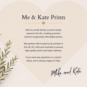 The image is a promotional graphic for a small family-run print studio based in the UK, creating premium artwork at genuinely affordable prices. The studio partners with trusted local printers in the UK, EU, USA, and Australia to ensure high-quality prints and faster delivery. If you have any questions or custom ideas, the studio is always happy to help. The image features a heart shape with a plant branch on the left side, and the text is written in a clear, legible font.