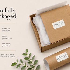 Carefully packaged, Mo and Kate's beautiful and eco-friendly packaging, with a cardboard box and a roll of paper tubes.