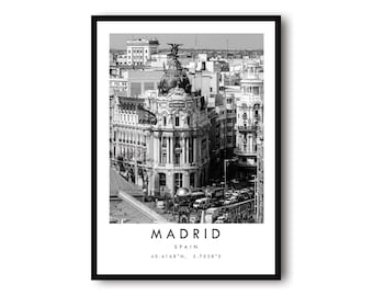 Impressão de Madrid: Paisagem urbana em preto e branco, pôster de viagem da Espanha