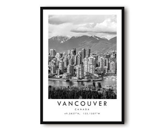 Vancouver Canada Print: Black and White Cityscape Travel Poster