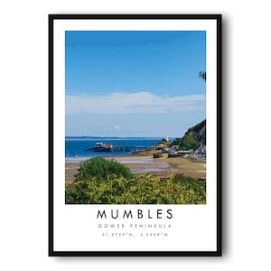 Mumbles Travel Print, Colourful Wales Travel Poster, British Wall Art, Gower Peninsula, Print Poster, Gift A1/A2/A3/A4/A5