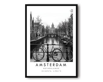 Amsterdam Travel Print, Netherlands Poster, Black and White Print, Unique Wall Art,  Minimalist Home Decor, City  A1/A2/A3/A4/A5