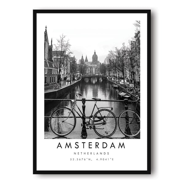 Impression de voyage à Amsterdam, affiche des Pays-Bas, impression noir et blanc, art mural unique, décoration d'intérieur minimaliste, ville A1/A2/A3/A4/A5