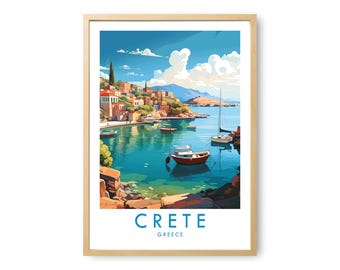May include: A framed travel poster featuring a vibrant illustration of a coastal village in Crete, Greece. The scene depicts a blue harbour with small boats, rocky cliffs, and Mediterranean buildings under a bright sky with white clouds.