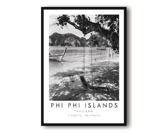 Phi Phi Islands Print: Thailand Travel Poster, Minimalist Black and White Wall Art
