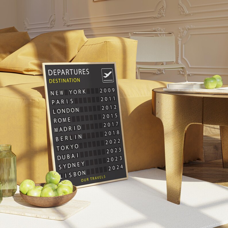 a departure board displaying the destinations of various cities, with a bowl of green apples and a wooden table nearby.