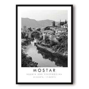 Mostar Travel Print, Bosnia Poster, Black and White Print, Unique Wall Art,  Minimalist Home Decor, City  A1/A2/A3/A4/A5